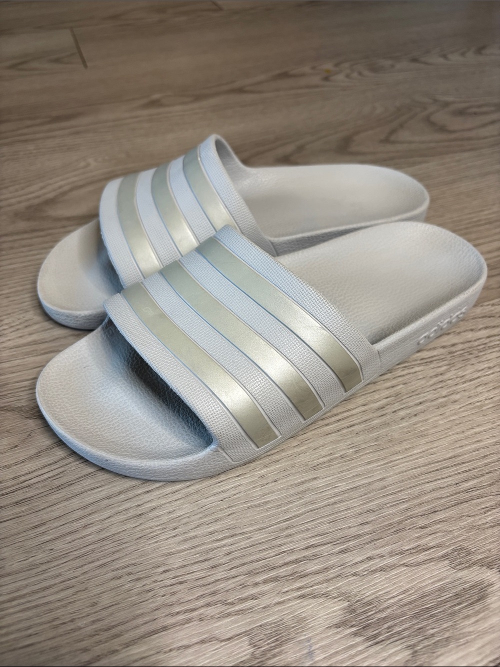 adidas Women's Slide Sandals in Light Metallic Silver and White